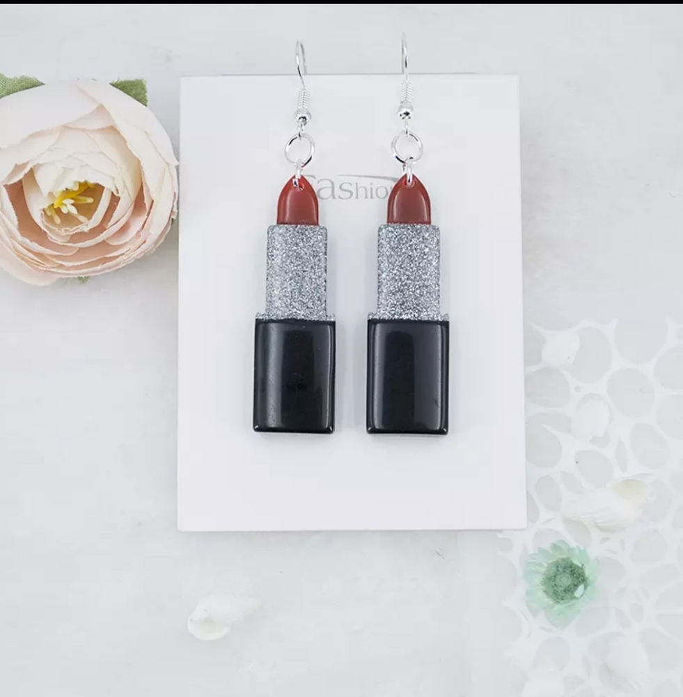Lipstick Earrings with Black and Silver Accents